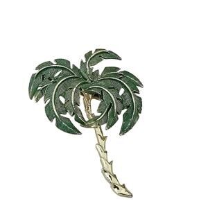 Estate Palm Tree Brooch Pin Green Gold Tone Back Moving Leaves Statement Jewelry